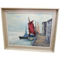 Edward Maher RHA, oil on board, moored boats, signed, 53cm x 43cm overall, framed
