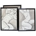 3 nude life studies, charcoal and wash, circa 1980s, signed with monograms, largest overall frame
