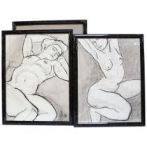 3 nude life studies, charcoal and wash, circa 1980s, signed with monograms, largest overall frame