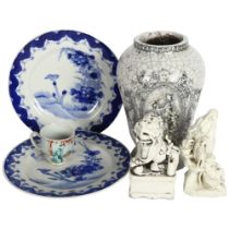 A crackle glaze pottery vase, a Kylin, a Continental porcelain figure group, 15cm, and a pair of