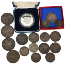 4 Victorian silver crowns, a Victoria silver double florin, another Victorian silver coin, a cased