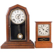 A walnut-cased 8-day mantel clock, H44cm, pendulum and no key, and an early 20th century painted