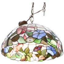 A large Tiffany style lead and glass pendant light fitting, tulip design decoration, diameter 48cm