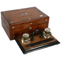 Inlaid rosewood box with fitted interior (A/F), L30cm, and a deskstand with 2 glass inkwells