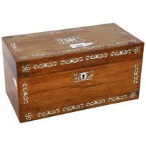 Victorian mahogany tea caddy, with inlaid mother-of-pearl decoration, fitted interior, and glass