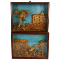 2 similar Antique cork dioramas, depicting buildings and trees, in glazed wall-mounted cases, 29cm x