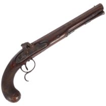 An 18th century percussion pistol, with walnut diamond engraved handle and fitted barrel cleaner,