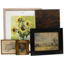 A group of various pictures and prints, including 2 framed prints entitled Steeple Chase, from the