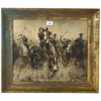 A framed print depicting the Charge of the Light Brigade on 25th October 1854 at Balaklava, Crimea.