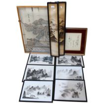 A set of 6 framed Oriental landscapes, a pair of gilded Japanese pictures, and a painting on