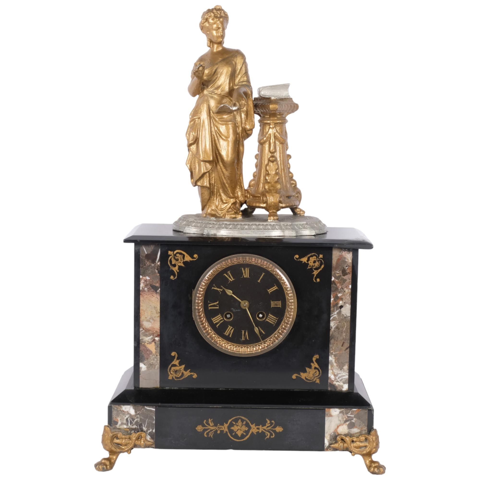 A 19th century slate and marble mantel clock, the 8-day French striking movement surmounted by a