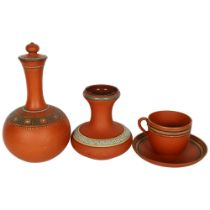 A group of Watcombe Ware pottery, including a ceramic decanter with stopper, H27cm, a large teacup