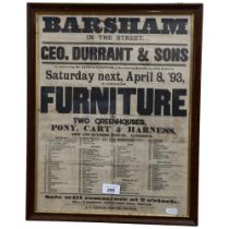 A Victorian advertising poster, advertising the sale by Geo.Durrant & Sons for Mr Arthur Strowger on