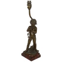 A bronze figure of a boy playing the flute, signed Jean Louis Gregoire, converted to a table lamp,