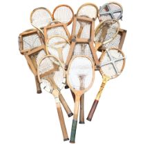 Various Vintage tennis rackets and presses, including Dunlop