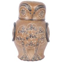 Lennard Stockley, Weymouth, a pottery owl flask and cover, having impressed and raised decoration,