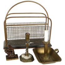 A Victorian brass-framed mesh music/magazine stand, on wooden plinth and brass feet, H35cm, a