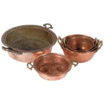 A graduated set of 3 French copper and brass-handled sieves, and 2 other 2-handled pans