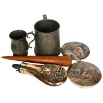 Embossed copper powder flask, 2 Pratt Ware polychrome pot lids, pewter mugs, and a fyd