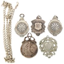 3 silver fobs, a Continental silver-mounted coin, and another