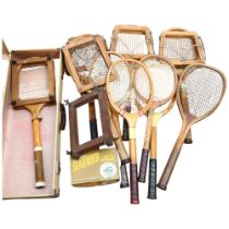 Various Vintage tennis rackets and presses, and a case containing a Slazenger Victory tennis racket