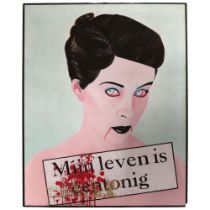 A large oil on canvas, study of a female vampire figure, printed phrase "Mijn Leven Is Eentonig",