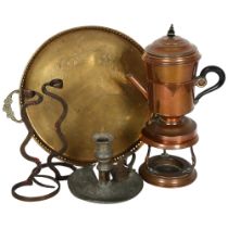 Pewter chamber stick, a pair of wrought-metal candlesticks, a copper kettle on stand, 31cm, and an