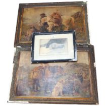A group of 3 Antique pictures and drawings, including 2 oils on paper, depicting 2 hunting and