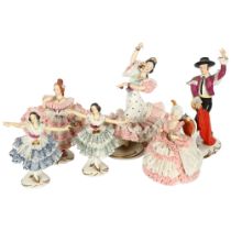 A group of 4 Dresden dancing figures, tallest 17cm, a similar figure with lace effect dress, and a