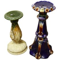 An Art Nouveau design Majolica jardiniere stand, H66cm, pot diameter 18cm, and another (2), H53cm,