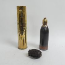 A trench art Ypres 1915 shell case, 35cm, a (deactivated) hand grenade, and a shell converted to a