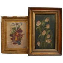 2 oils on canvas, still life, fruit and flower baskets, in ornate giltwood frames, 1 signed bottom