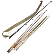 Various fishing rods, including an Edgar Sealey, England, a blue flash float 10.5oz, angler's box,