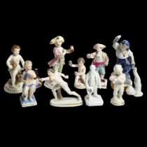 A group of Continental figurines, including a Naples porcelain javelin thrower, H10cm, and several
