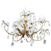 A 6-branch ornate cast-brass chandelier, with glass lustre drops, each branch has 2 candle design