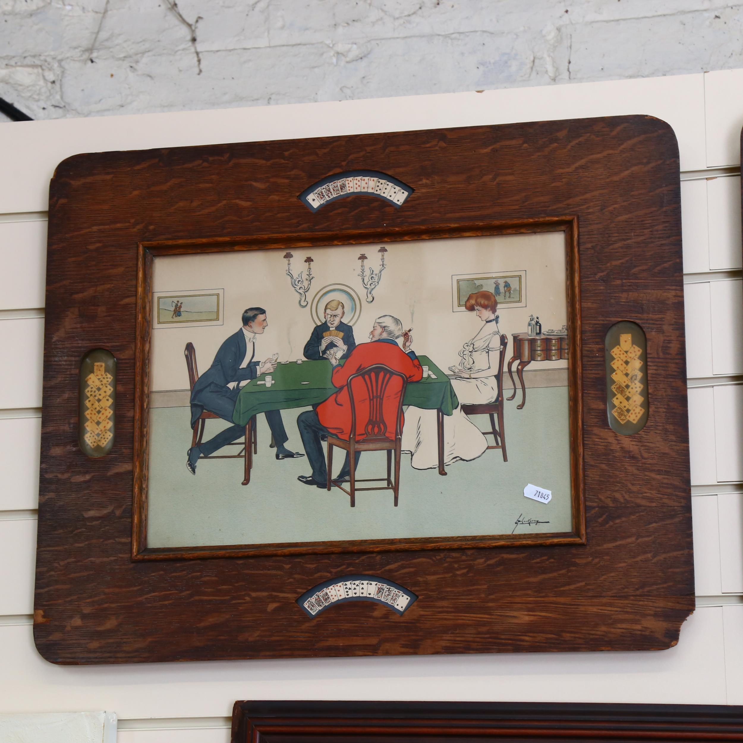 A pair of 1920s oak-framed coloured prints, depicting card players, 61cm x 50cm overall - Image 2 of 2