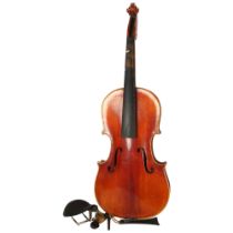 A three-quarter-size wooden violin, in associated wooden hardshell case, no bow, violin back