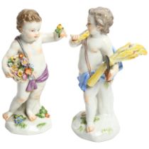 A group of 2 Meissen figurines, both marked to the underside with crossed blue swords, 1 figure with