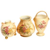 A group of Royal Worcester Blush Ivory pots, with floral spray and gilded decoration, tallest
