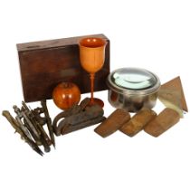 Geometry set, magnifying glass, miniature plane, treen items