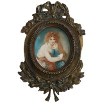 A 19th century oval miniature, watercolour on ivory panel, mother and child embracing, mounted in