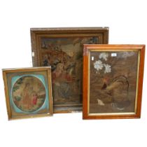 A group of Antique silks and tapestries, including a framed silk depicting a cockerel, hen chicken