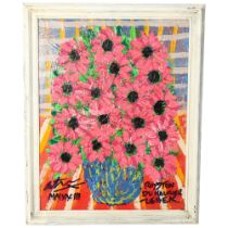 Royston Du Maurier-Lebek, acrylics on board "fleur du monde", pink daisies in a vase, framed,