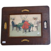 A pair of 1920s oak-framed coloured prints, depicting card players, 61cm x 50cm overall