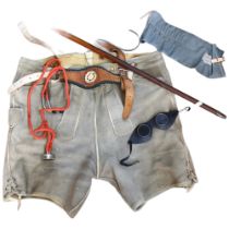 A hat box, lederhosen, spectacles, blood pressure kit and a silver mounted horn handled walking