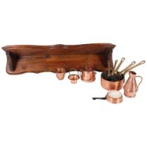 A set of 5 French coppery and brass-handled miniature pans, and hanging rack, various other