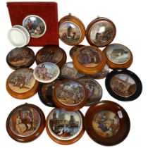 A boxful of Victorian polychrome Pratt Ware pot lids, some framed, etc