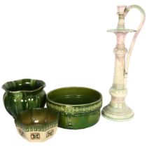A Foley candlestick, 50cm (repaired), and 3 green glazed pottery bowls