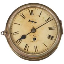 W T Story Barrow, Halifax, a ship's brass-cased bulkhead clock, with single fusee movement,