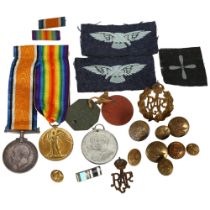 Two WW1 medals, named to M-320497 Pte.A.A.Bray A.S.C., various buttons and badges etc